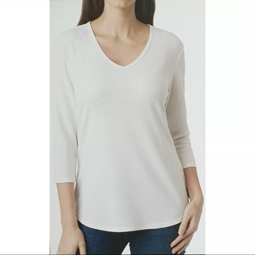Seg'Ments Womens Essential 3/4 v-Neck Textured Shirt Top White Sz L